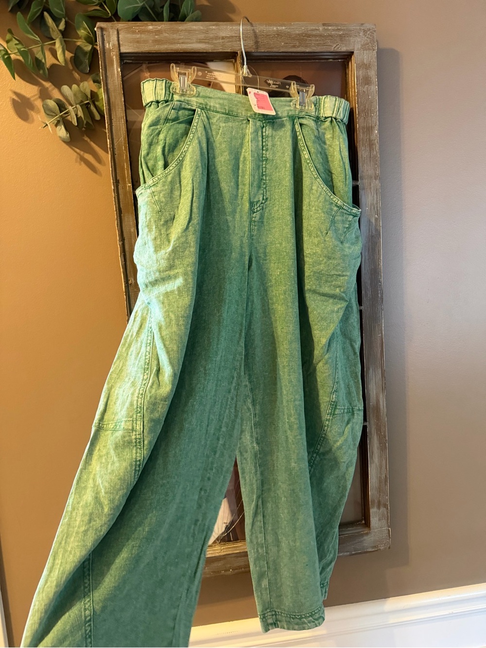 Free People Rolling Hills Green Linen Blend Pull-On Pants NWT Medium - Picture 2 of 6